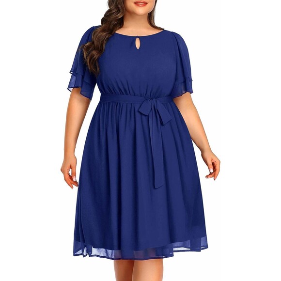 Pinup Fashion Size 24 Midi Cocktail Dress Blue Chiffon Keyhole Neck Flowy NWT - Picture 1 of 14